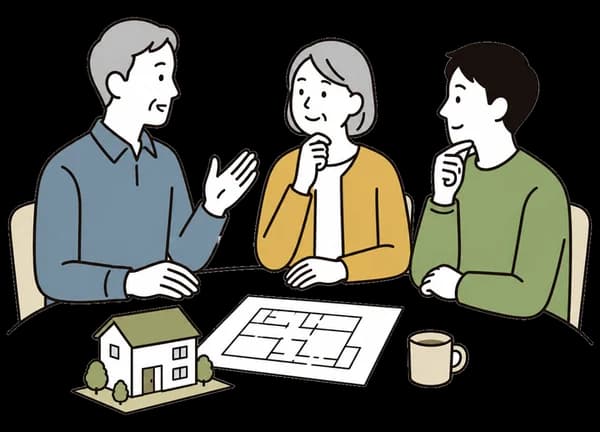 親の家について家族で書類を見ながら整理しているイラスト