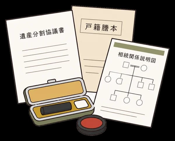 相続書類と印鑑の線画イラスト