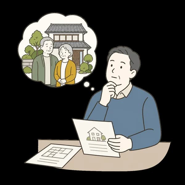 親の家について考える人の線画イラスト