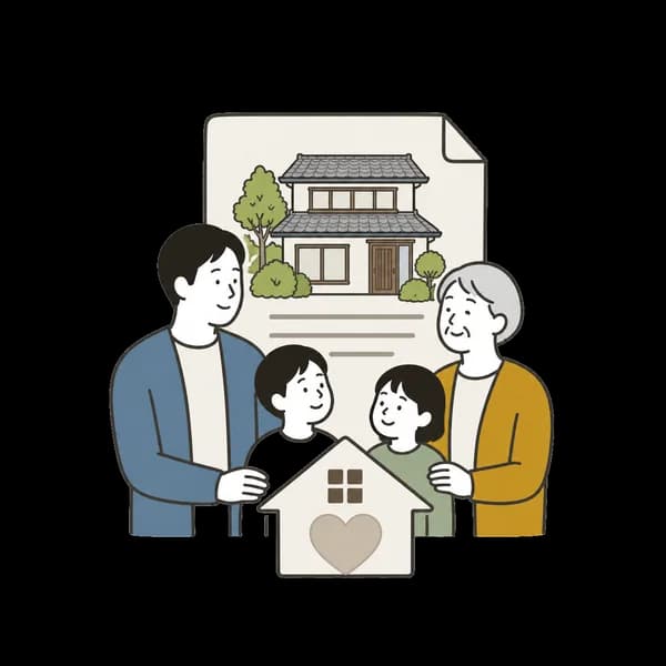 家族で家の書類を確認する線画イラスト