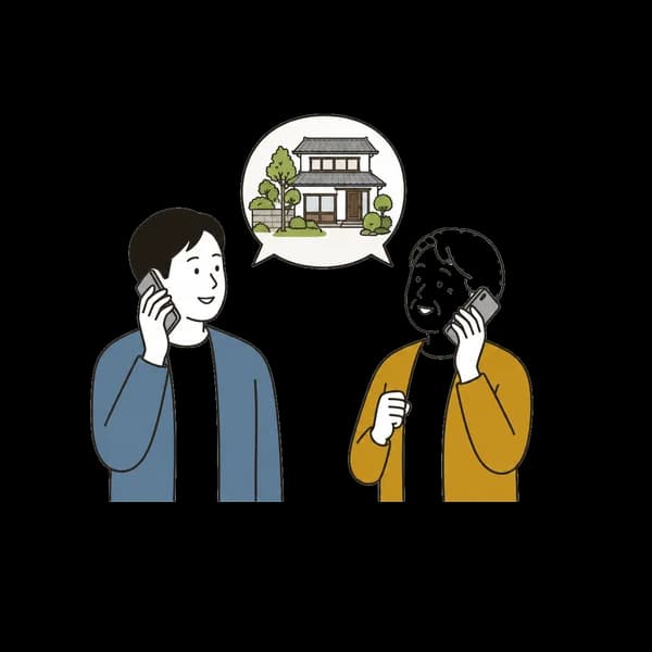 電話で家のことを相談する二人の線画イラスト