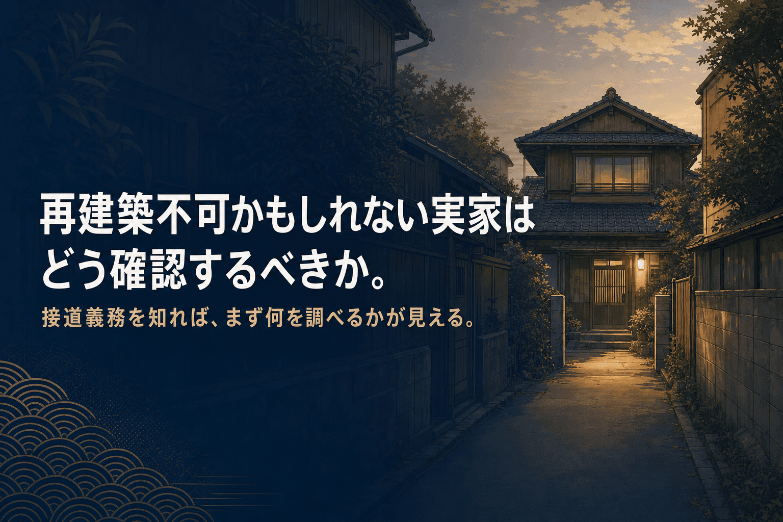 細い路地の奥に建つ古い和風の木造一戸建てを、これからどうするか考えているイメージイラスト