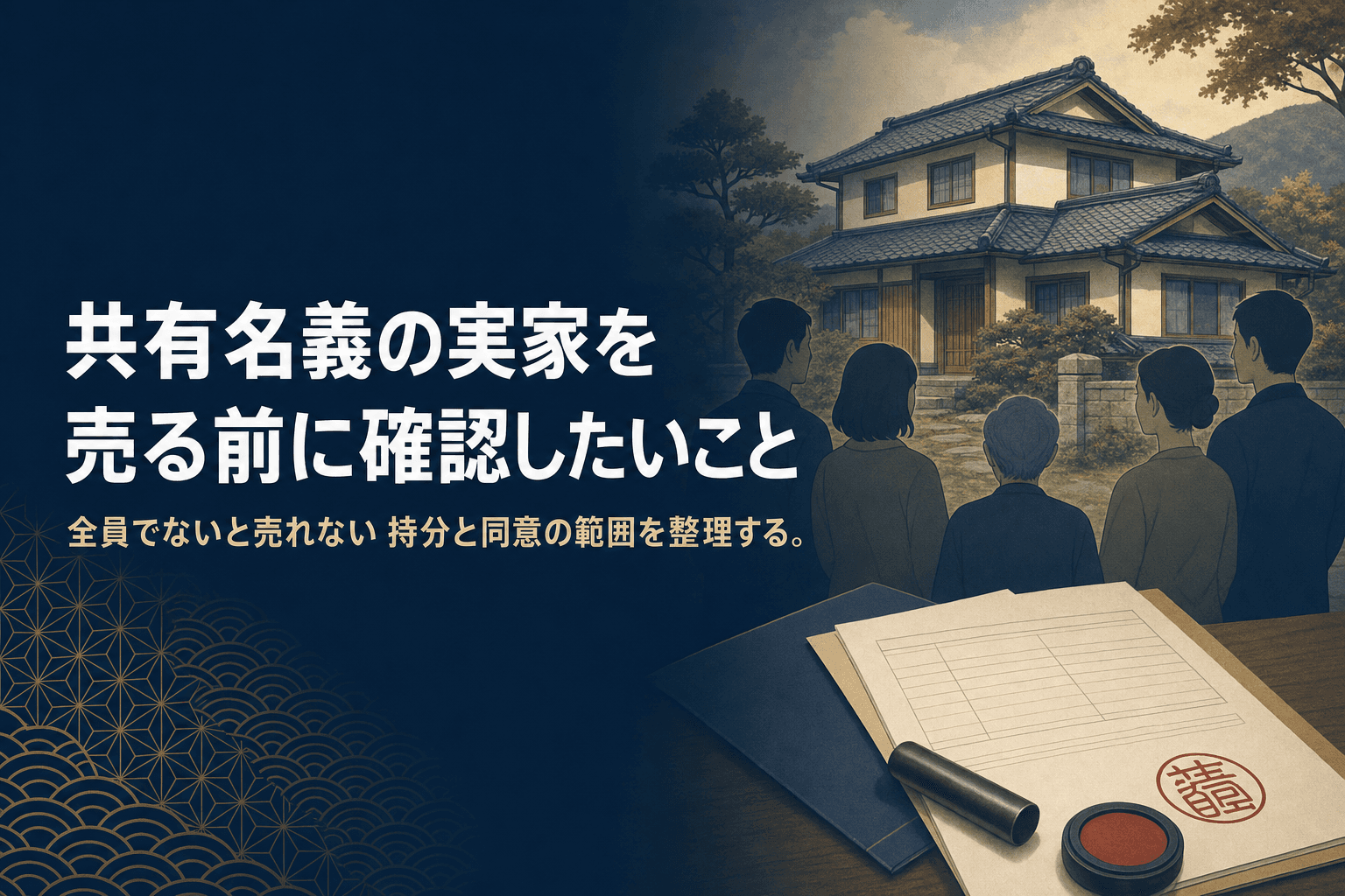 共有名義の実家を売る前に確認したいことを解説する記事のアイキャッチ。日本家屋と家族、書類と印鑑のイラスト