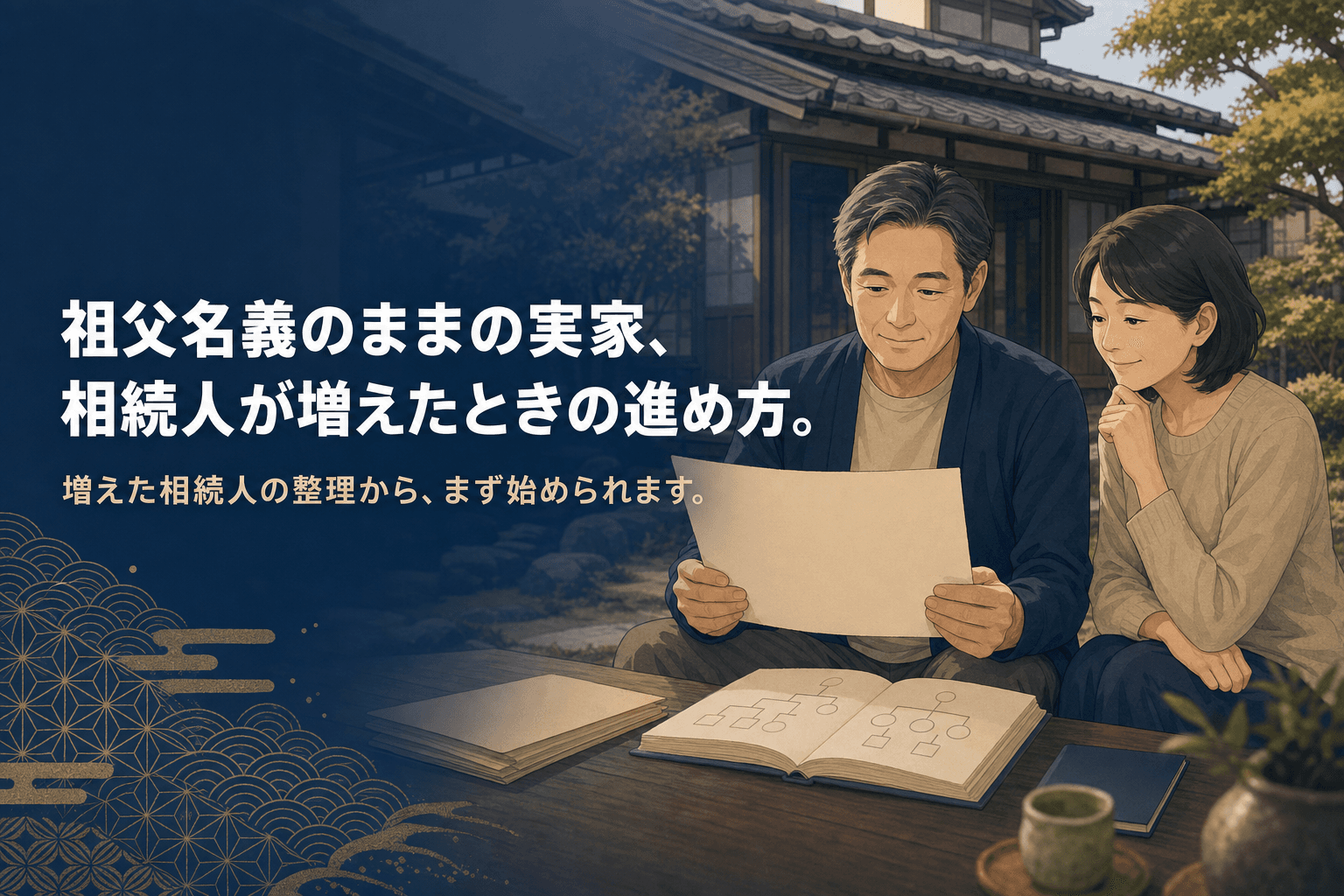 縁側で古い家系図のノートと書類を見つめる中高年の夫婦と、和風の古い日本家屋を描いたフラットイラスト。祖父名義のままの実家、相続人が増えてしまったときの進め方を解説する記事のアイキャッチ