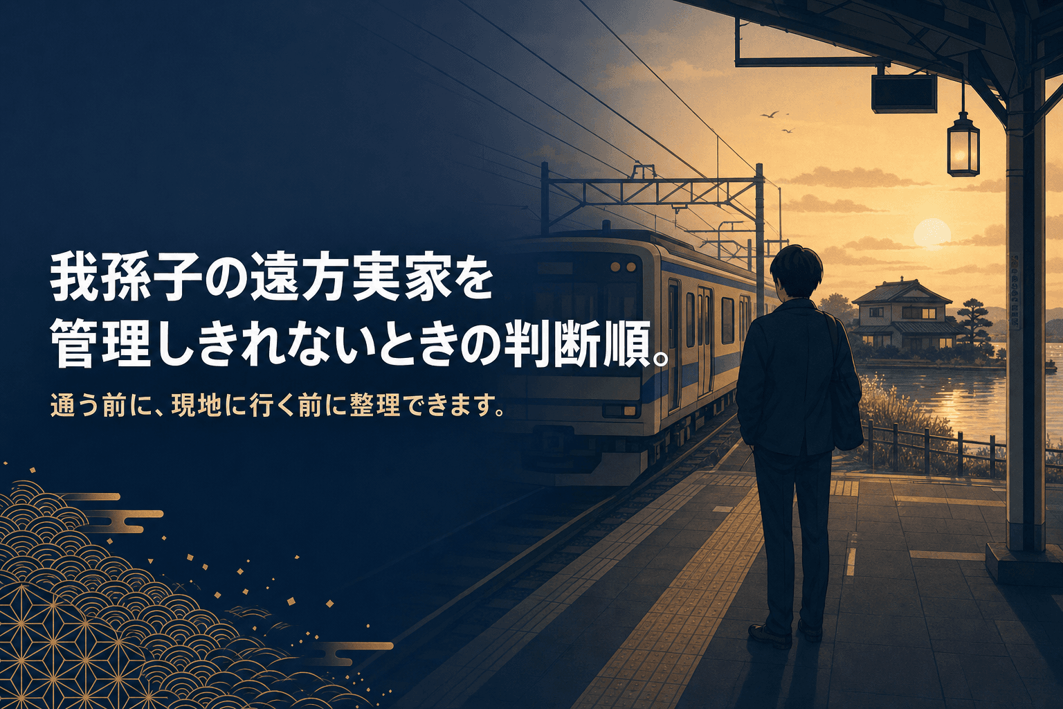 夕暮れの常磐線の駅ホームで我孫子の遠方実家のこれからを考える人のイメージイラスト