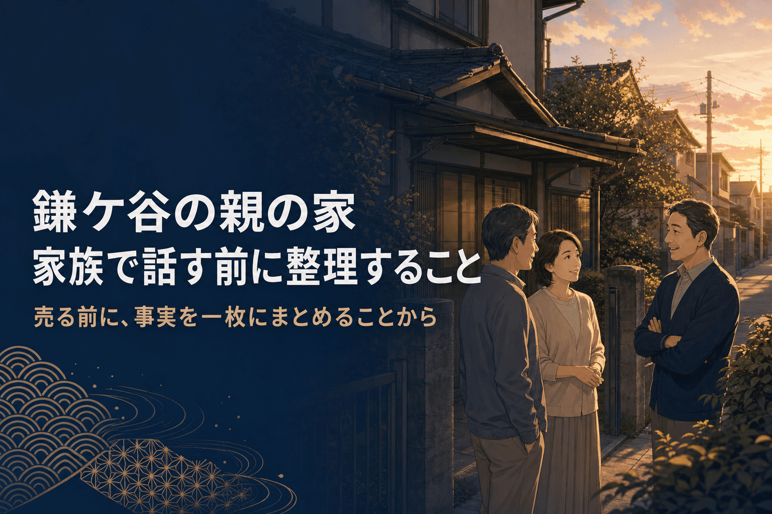 夕暮れの鎌ケ谷の住宅街にある親の家を訪れ、玄関先で家族が話す様子のイラスト