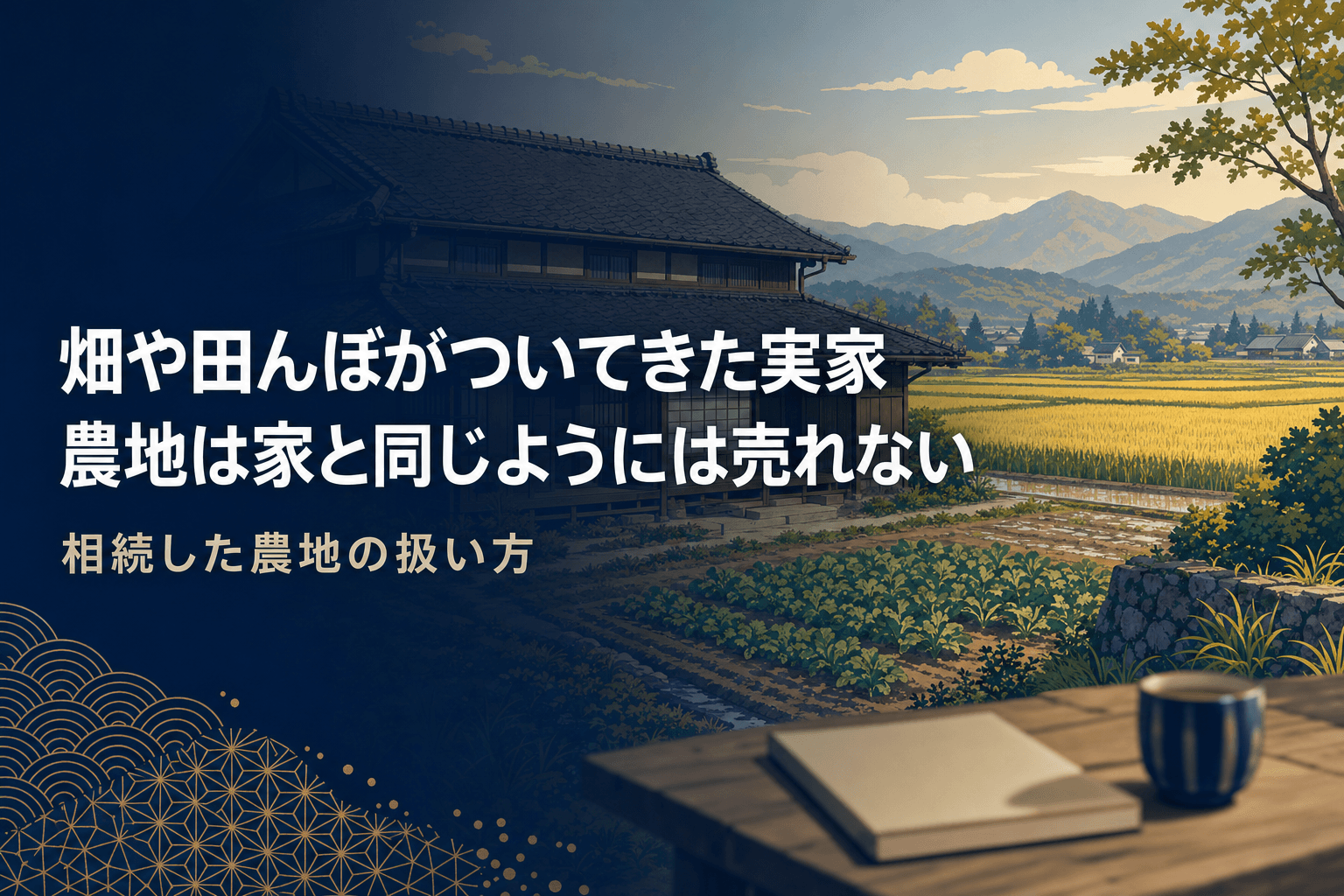 実家の裏に畑が広がる和風の一軒家のイラスト。畑や田んぼがついてきた実家、農地は家と同じようには売れないことを解説する記事のアイキャッチ