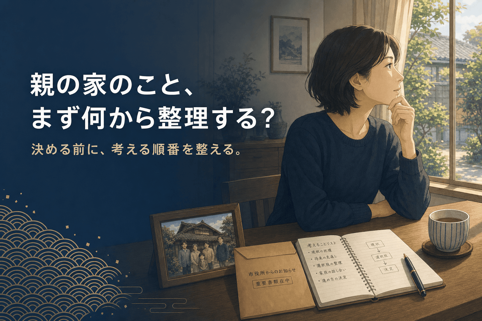 木の机に親の家の写真立てと役所からの封筒、開いたメモ帳を広げて考える人物のイラスト。親の家のこと、まず何から整理するべきか