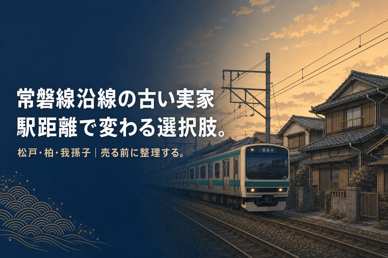 「常磐線沿線(松戸・柏・我孫子)の古い実家、駅距離で変わる選択肢」のアイキャッチ。夕暮れの線路沿いを走る常磐線の電車と、古い木造一戸建てが並ぶ住宅街のイラスト。
