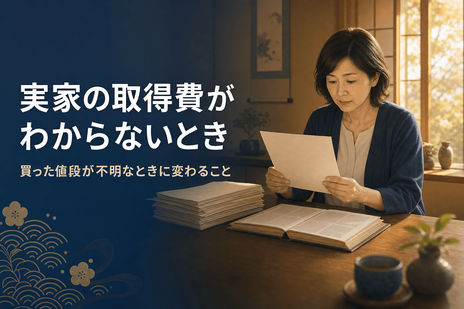 和室で古い書類とアルバムを見比べる女性を描いたイメージ画像。実家の取得費がわからないときに変わることを解説する記事のアイキャッチ