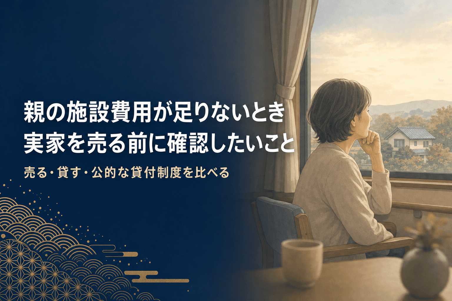 老人ホームの窓辺で実家の方角を見つめながら考え込む中高年女性のイラスト。親の施設費用が足りないとき、実家を今確認したいこと。