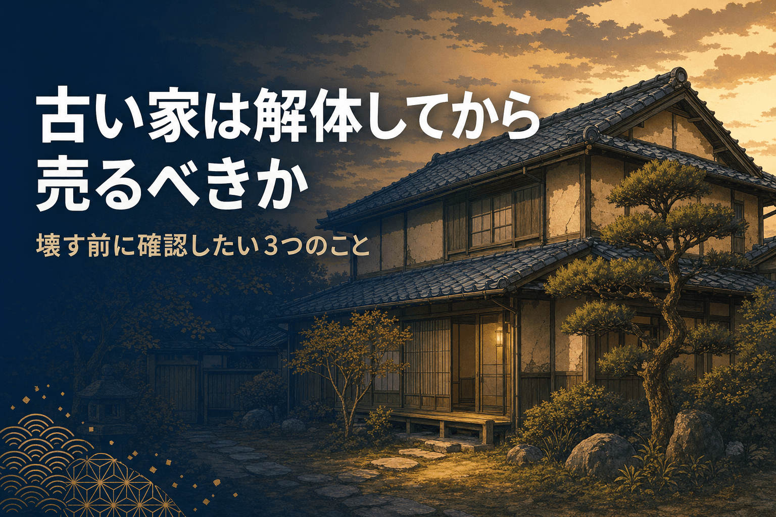 古い家は解体してから売るべきかを解説する記事のアイキャッチ。和の古い木造一戸建てのイラスト