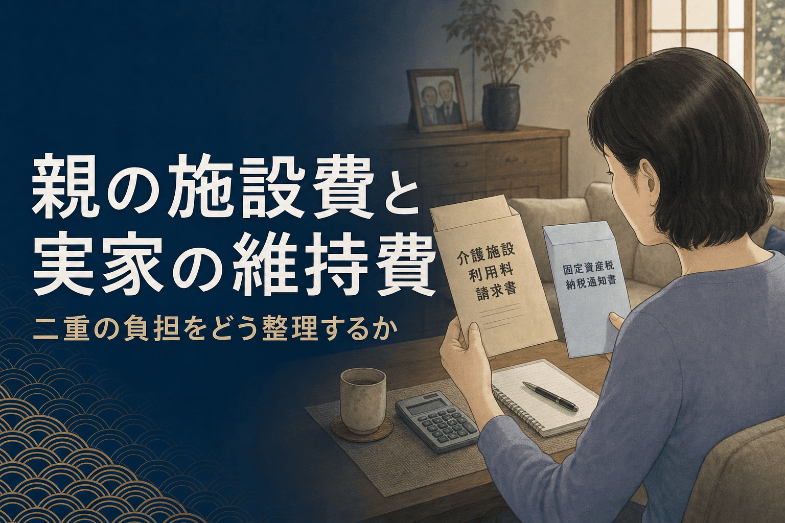 老人ホームの請求書と実家の固定資産税納税通知書を並べてテーブルで見比べる中高年女性のイラスト