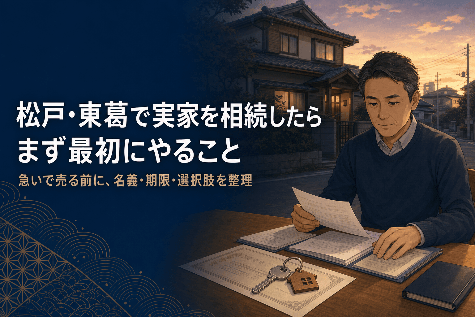 「松戸・東葛で実家を相続したら、最初にやること」のアイキャッチ。夕暮れの松戸の住宅地で、机の上の実家の鍵と書類を前に、相続後の手続きを静かに整理する中年男性のイラスト。