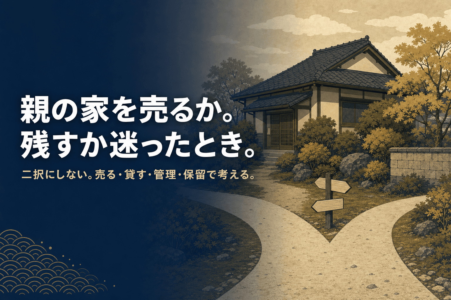 夕暮れの親の家の前で分かれ道を眺める人物のイラスト。親の家を売るか残すか迷ったときの考え方