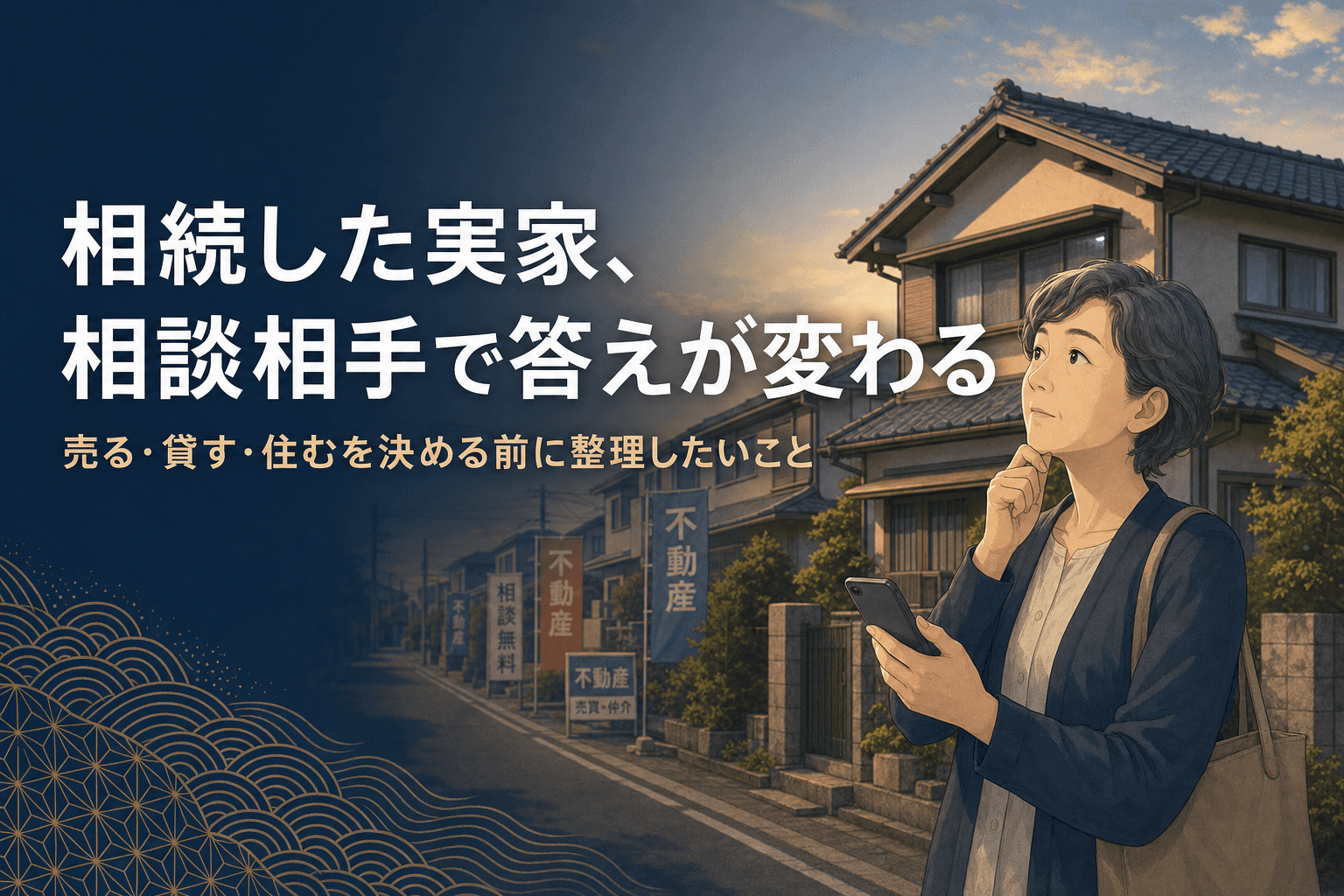 「相続した実家、相談相手で答えが変わる」のアイキャッチ。相続した実家を前に、スマホを手にどこへ相談するか考えている人物のイラスト。