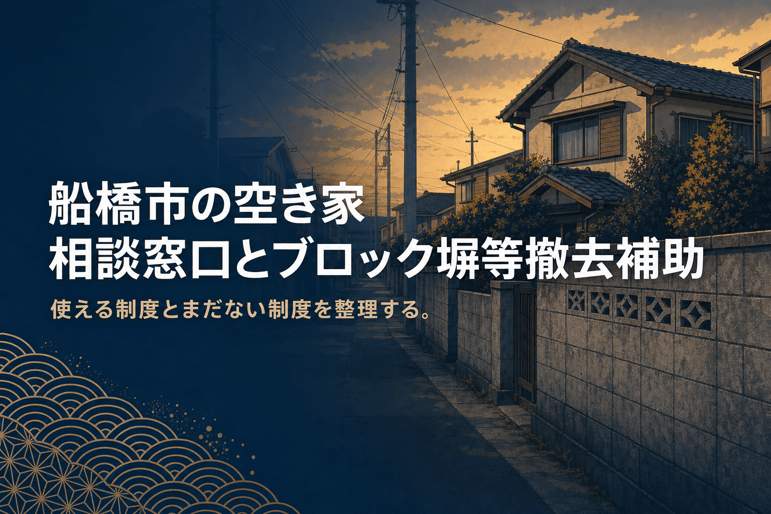 船橋市の空き家、市の相談窓口とブロック塀等撤去補助の使い方のアイキャッチ。船橋の古い住宅密集地にある一戸建てとブロック塀のイラスト
