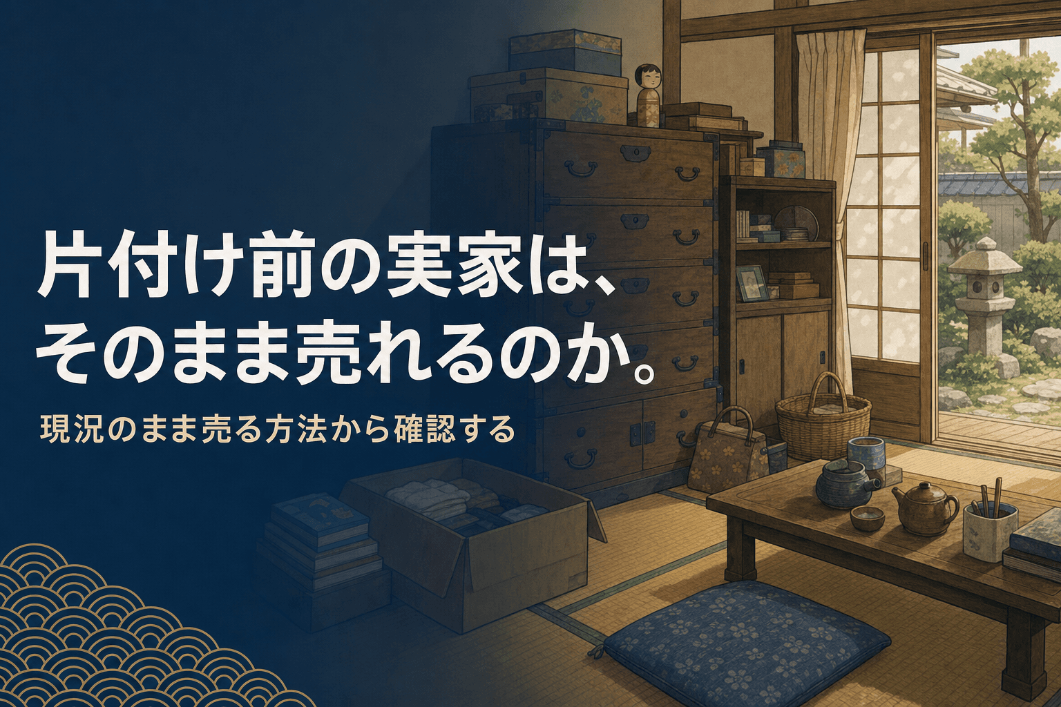 片付け前の実家はそのまま売れるのかを解説する記事のアイキャッチ。家財が残る実家の和室のイラスト