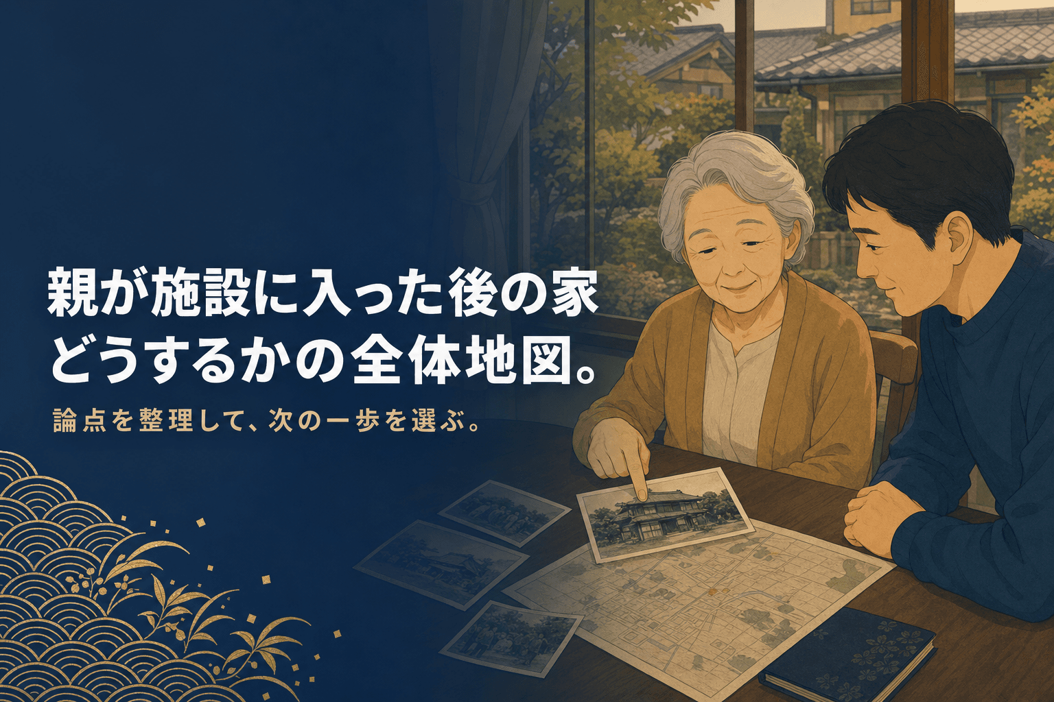 老人ホームの窓辺で、実家の古い写真と地図を一緒に眺める高齢の母親と息子のイラスト