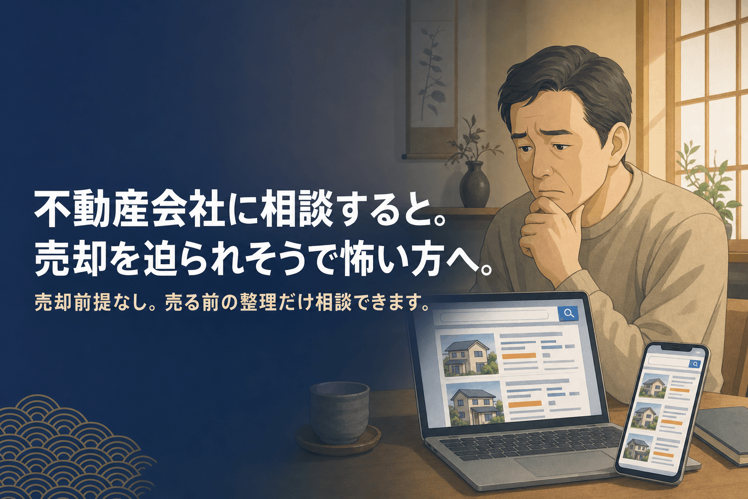不動産会社に相談すると売却を迫られそうで怖い方へを解説する記事のアイキャッチ。パソコンの不動産売却広告を不安そうに見る人物のイラスト