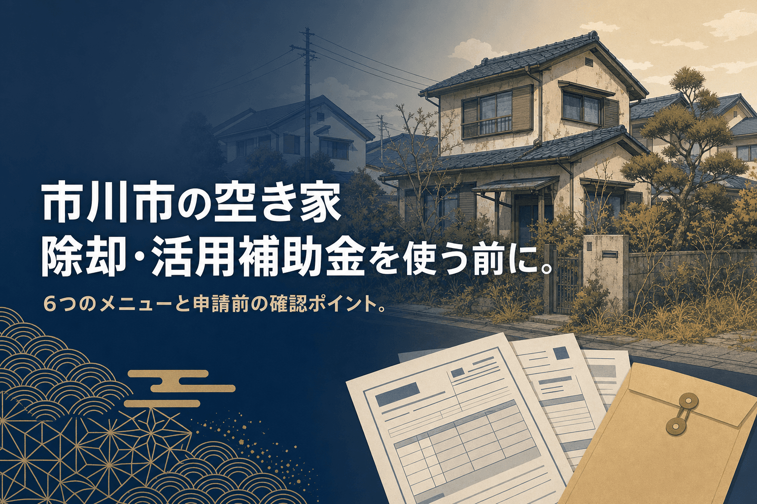 市川市空家対策課の窓口で、高齢の夫婦が職員と穏やかに相談している様子のイラスト。背景に市川市の住宅街が広がる。