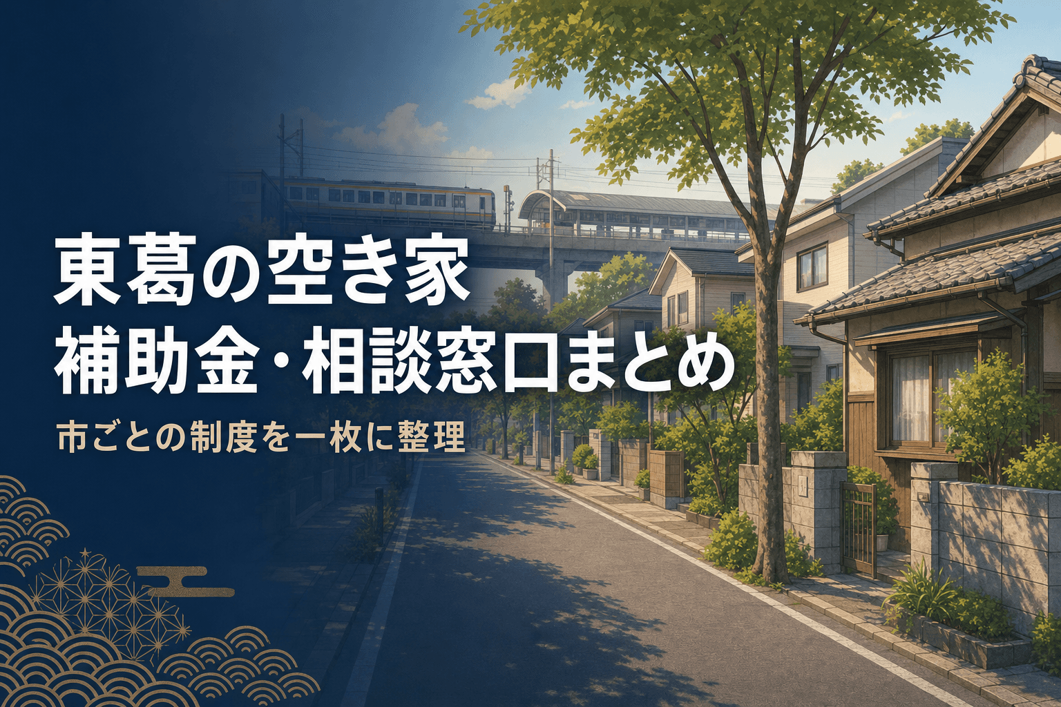 東葛エリア(松戸・柏・流山・我孫子・野田・鎌ケ谷)の空き家の補助金・相談窓口まとめのアイキャッチ。郊外の住宅街と電車の風景に、東葛の空き家 補助金・相談窓口まとめのタイトル。