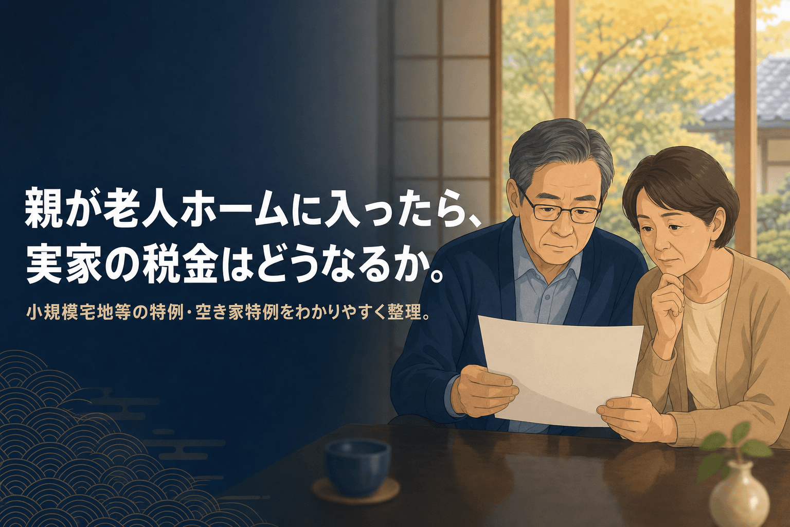 老人ホームの一室で、納税通知書や登記簿を手に実家の税金について考え込む中高年夫婦のイラスト