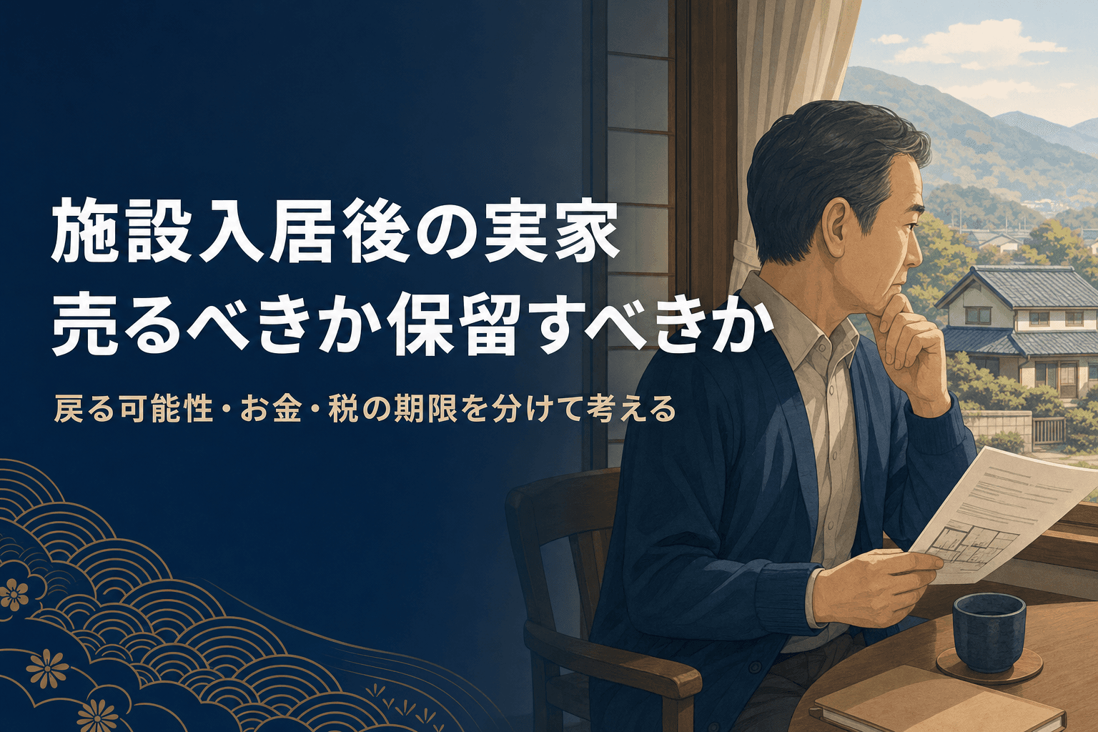 老人ホームの窓辺で、遠くに見える実家を眺めながら書類を手に考え込む中高年男性のイラスト