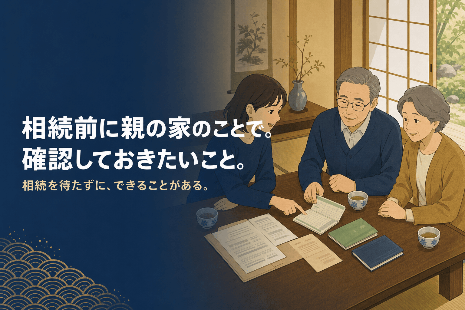 相続前に親の家の書類を親子で一緒に確認しているイメージイラスト