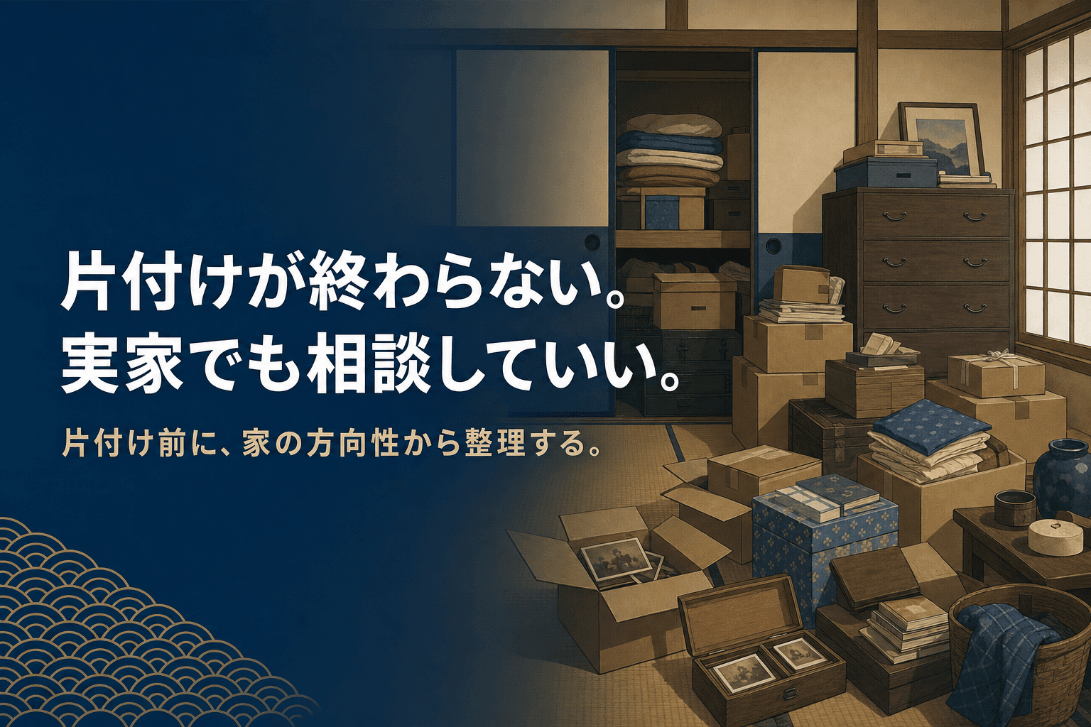 「片付けが終わらない実家でも相談してよい理由」のアイキャッチ。段ボールや古いアルバムが積まれた和室で、片付けの順番を考える中高年の女性。