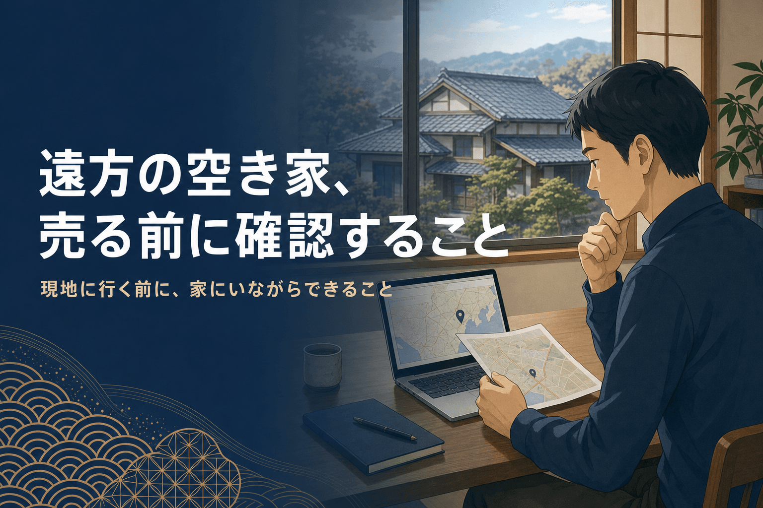 自宅でパソコンと地図を見ながら遠方の実家の確認をする人と、遠景の日本家屋