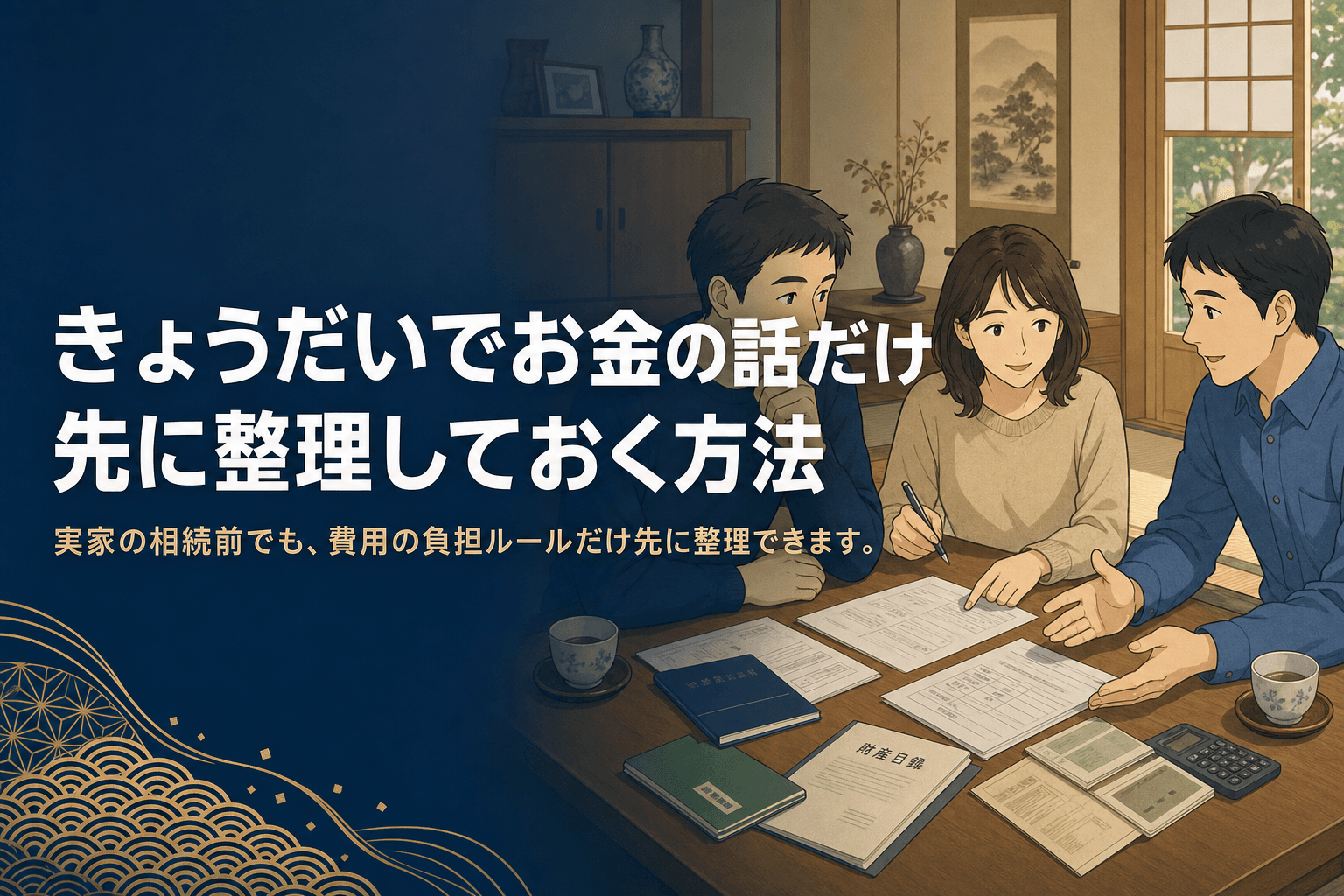 実家のテーブルを囲み、書類を前にお金の話をするきょうだいのイメージイラスト