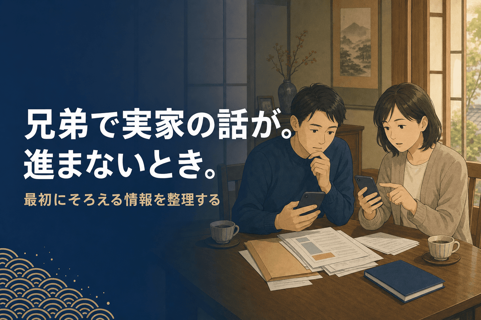 テーブルで書類を囲み、実家のこれからを話し合う兄弟姉妹のイメージイラスト