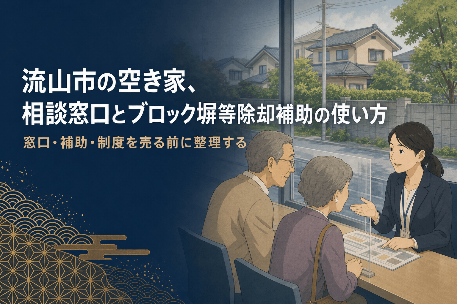 流山市役所の窓口カウンターで高齢の夫婦が女性職員と穏やかに相談している様子のイラスト。背景に流山市の住宅街と緑が広がる。
