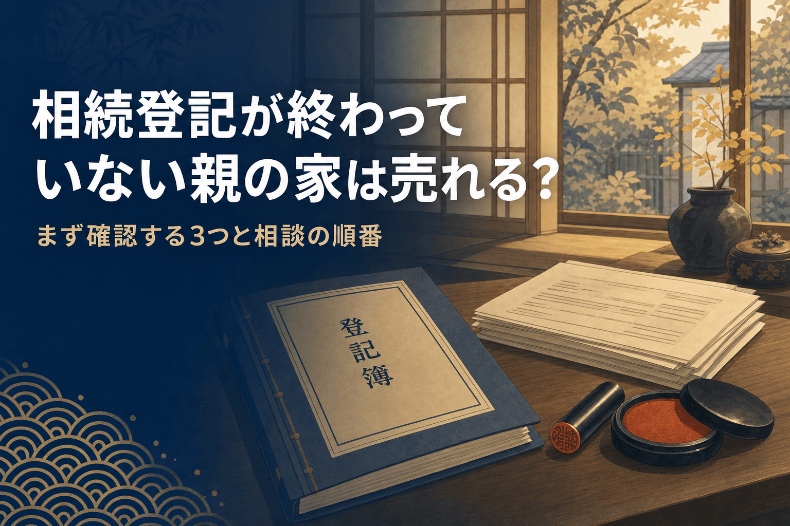 相続登記が終わっていない親の家は売却相談できるのかを解説する記事のアイキャッチ。日本家屋と登記簿のイラスト