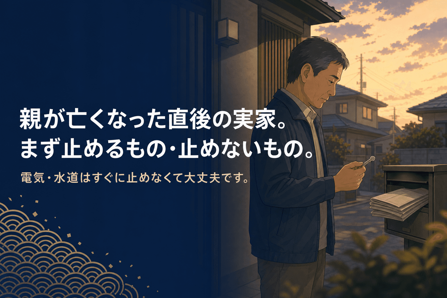親が亡くなった直後の実家、まず止めるもの・止めないほうがいいものを解説する記事のアイキャッチ。夕暮れの住宅街で、実家の玄関先に立ち鍵を手に持つ中年男性と、新聞がたまった郵便受けのイラスト。