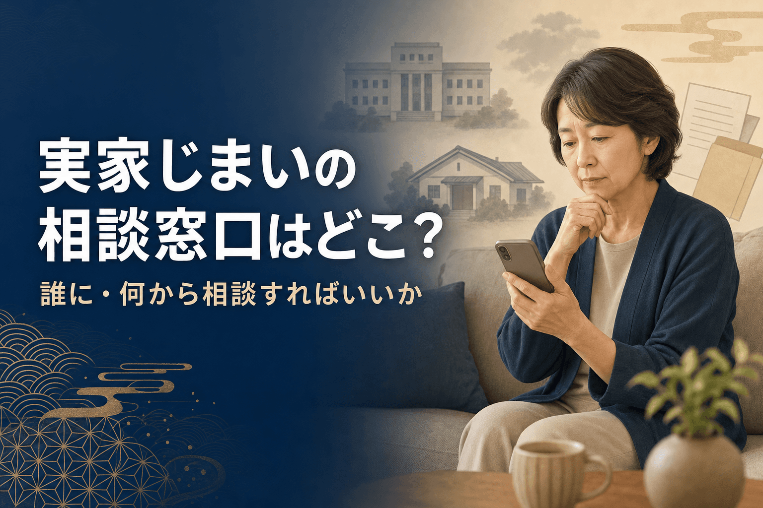 実家じまいの相談窓口はどこ?誰に・何から相談すればいいかを考える50代女性のイラスト