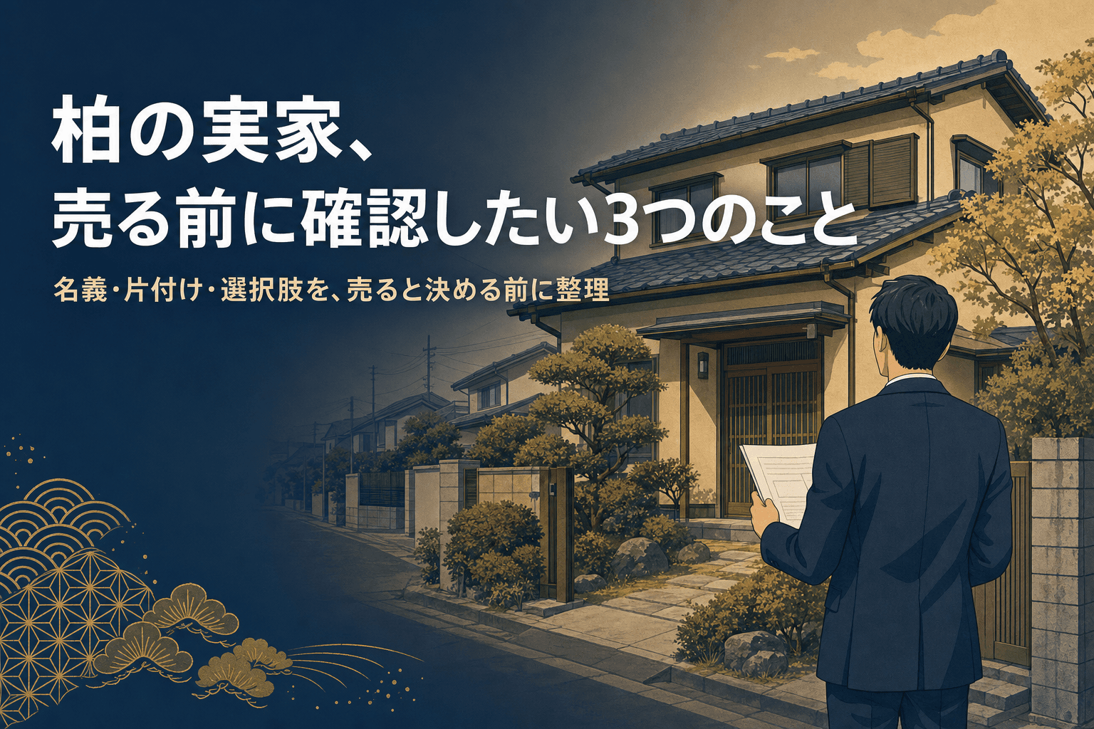 柏の実家、売る前に確認したい3つのこと(名義・片付け・選択肢の整理)を示すイラスト