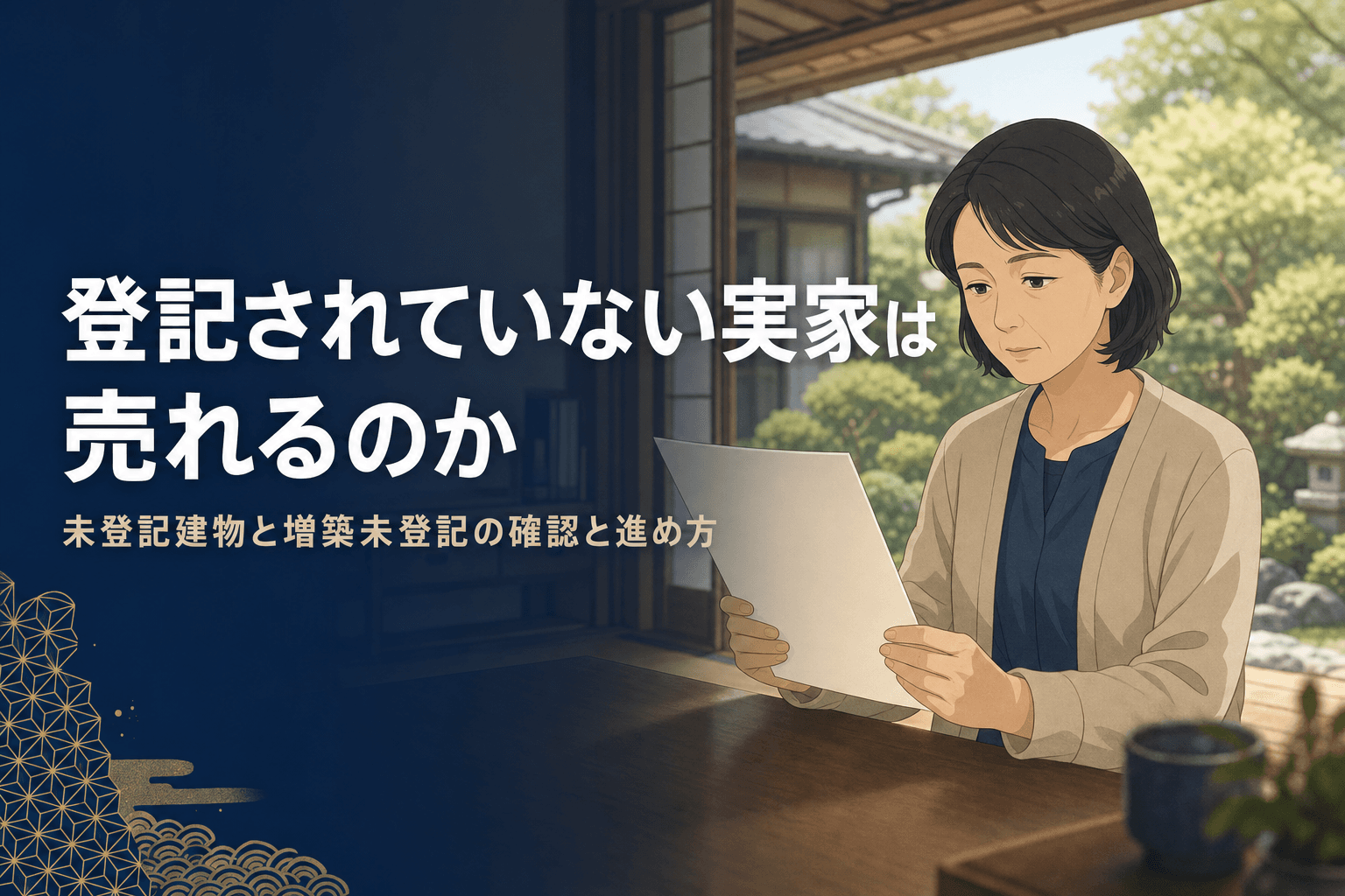 実家の書斎で登記事項証明書らしき書類を見つめる50代女性のイラスト。登記されていない実家は売れるのかというタイトルが添えられている