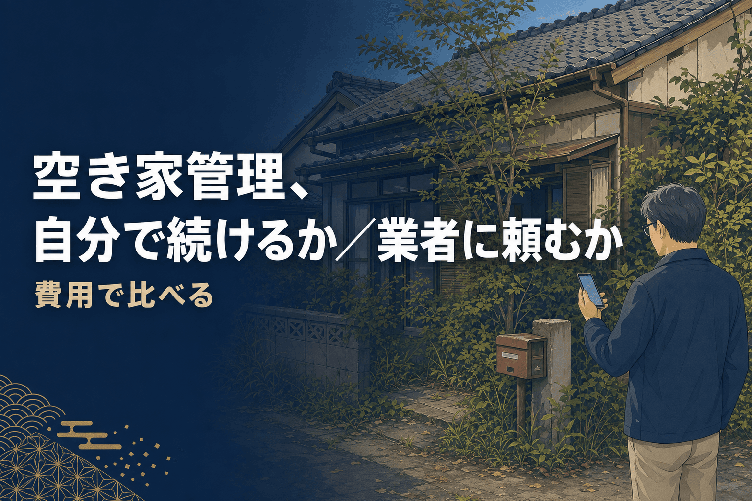 伸びた庭木と郵便受けのある実家を、スマートフォンを手に見つめる中年男性のイメージイラスト