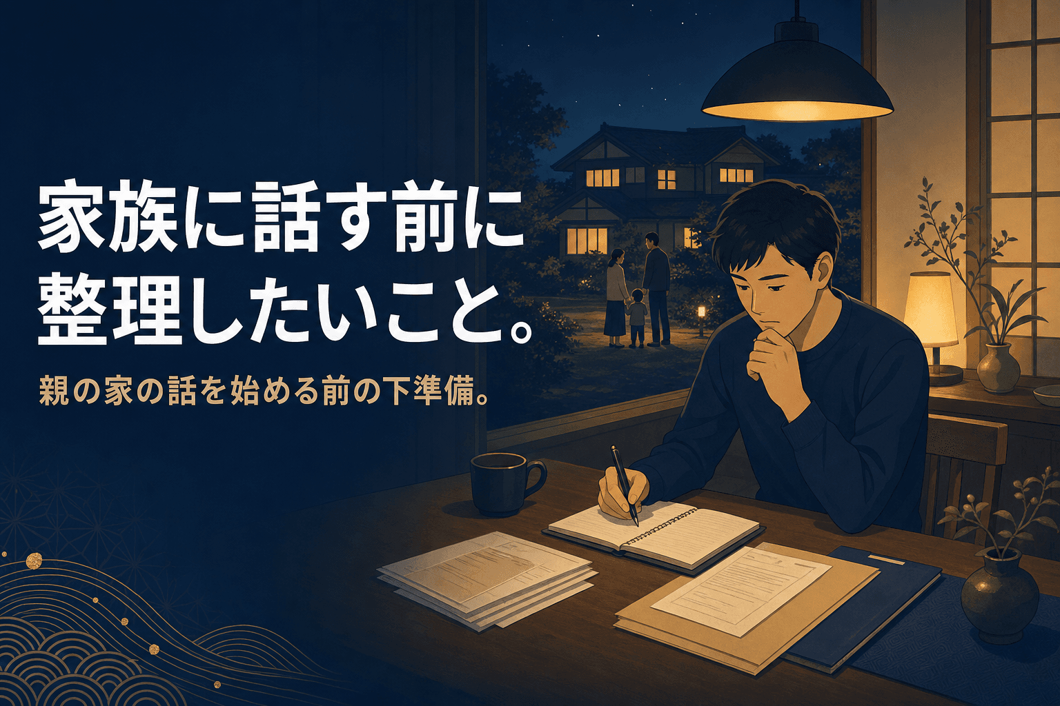 夜のダイニングで親の家の書類とノートを前に整理する人物と、離れて暮らす家族を表したアイキャッチイラスト